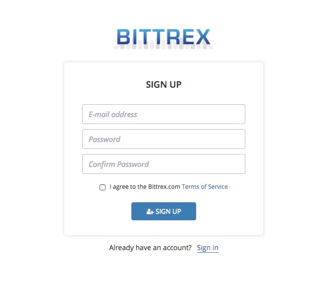BITREXの口座開設でのSIGNUP画面