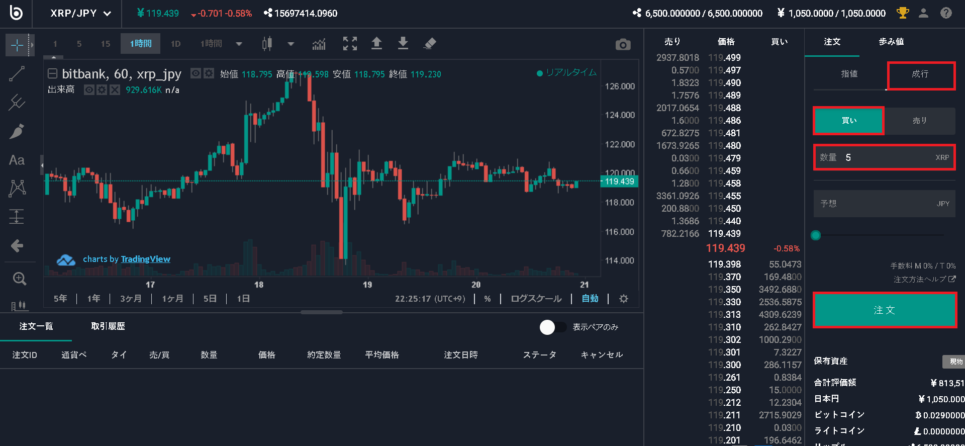 リップル成行注文_ビットバンク