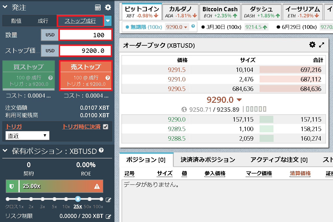 BitMEXストップ成行注文